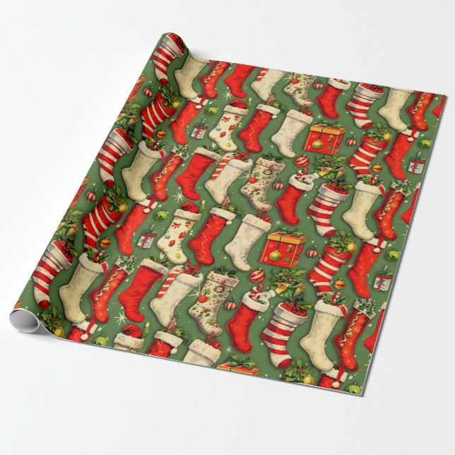 Retro Vintage Christmas Stockings Green Wrapping Paper (Unrolled)