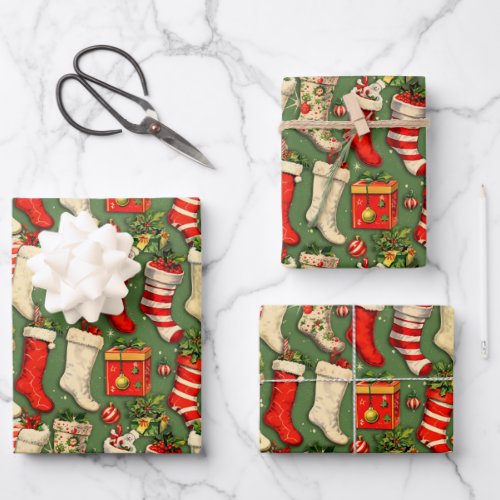 Retro Vintage Christmas stockings Wrapping Paper Sheets