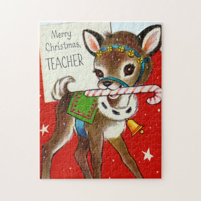retro vintage Christmas Teacher reindeer Jigsaw Puzzle (Vertical)