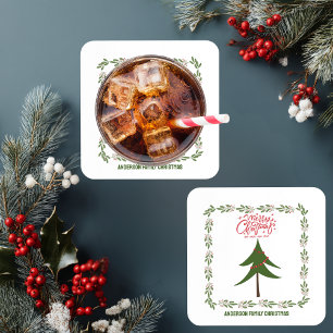 Retro Vintage Christmas Tree and Wreath Minimalist Beverage Coaster