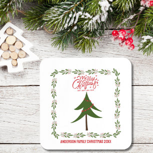 Retro Vintage Christmas Tree and Wreath Minimalist Beverage Coaster