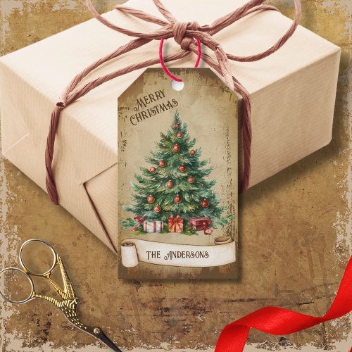 Retro Vintage  Christmas Tree Merry Christmas Gift Tags