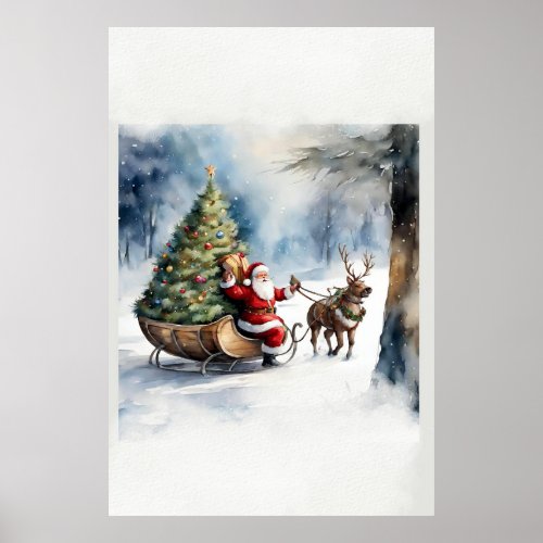 Retro Vintage Christmas Tree  Santa Sleigh Poster 