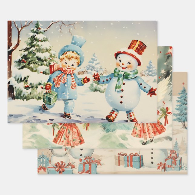 Retro Vintage Christmas Trio Style G Wrapping Paper Sheets (Set)