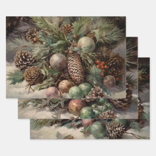 Retro Vintage Christmas Trio Style N Wrapping Paper Sheets