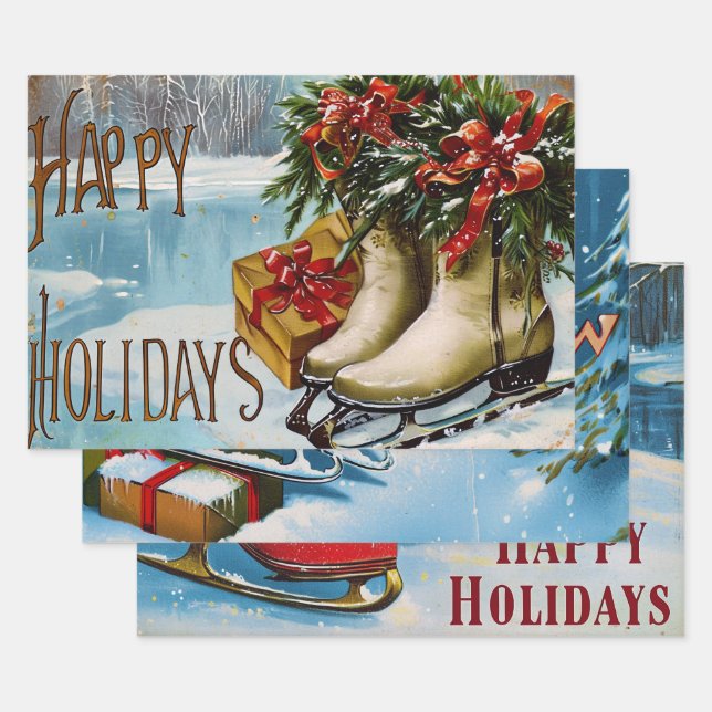 Retro Vintage Christmas Trio Style R  Wrapping Paper Sheets (Set)