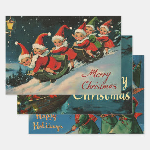 Retro Vintage Christmas Trio Style T Wrapping Paper Sheets