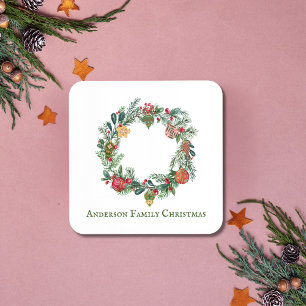 Retro Vintage Christmas Wreath Family Name Custom Beverage Coaster