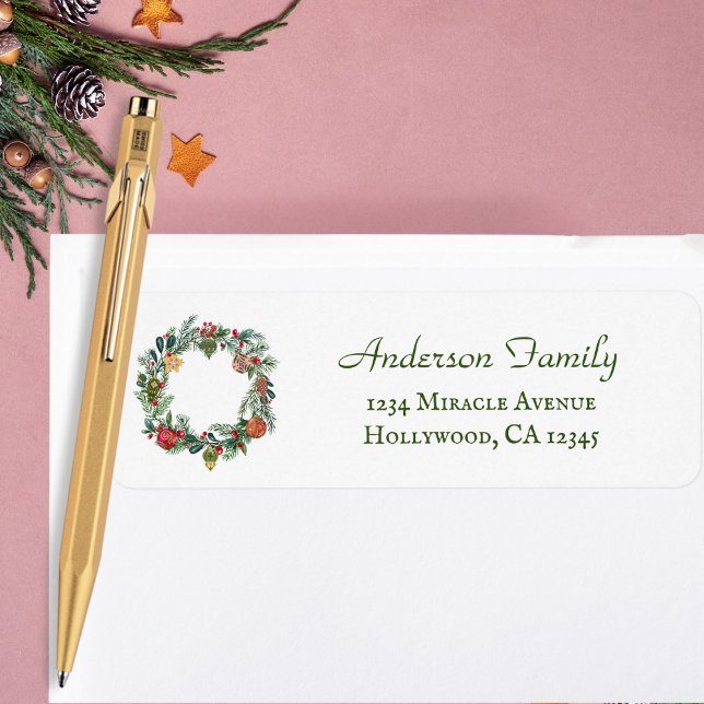 Retro Vintage Christmas Wreath & Ornaments Custom Label (Creator Uploaded)