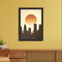 Retro Vintage Cityscape Silhouette with Sunset