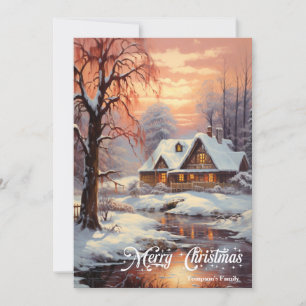 Retro vintage classic cozy winter night scene holiday card