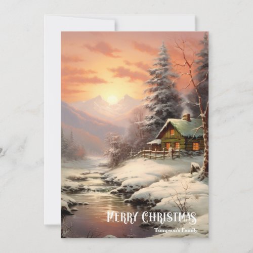 Retro vintage classic cozy winter night scene  holiday card