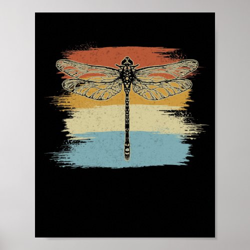 Retro Vintage Colored Dragonfly Drawing Poster