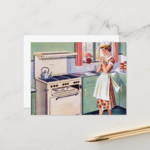 retro vintage cooking kitchen lady postcard