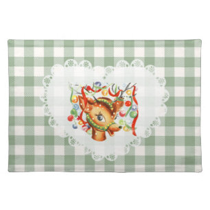 Retro Vintage Coquette Baby Animals Deer Gingham Cloth Placemat