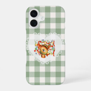 Retro Vintage Coquette Baby Animals Deer Gingham iPhone 16 Case