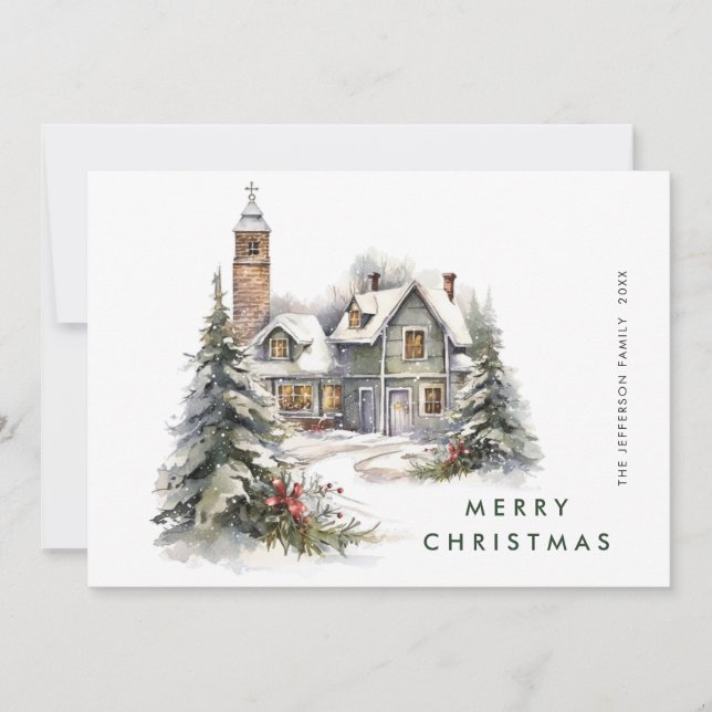 Retro Vintage Country House Christmas Tree Holiday Card (Front)