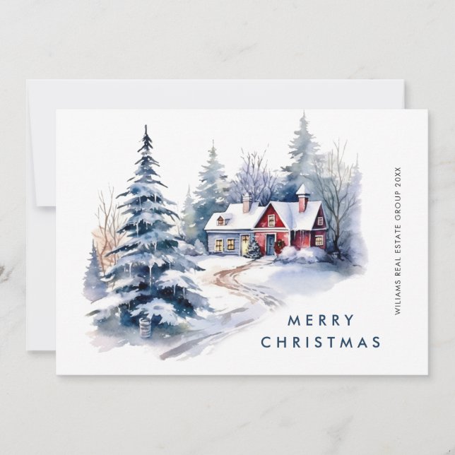 Retro Vintage Country House Christmas Tree Holiday Card (Front)