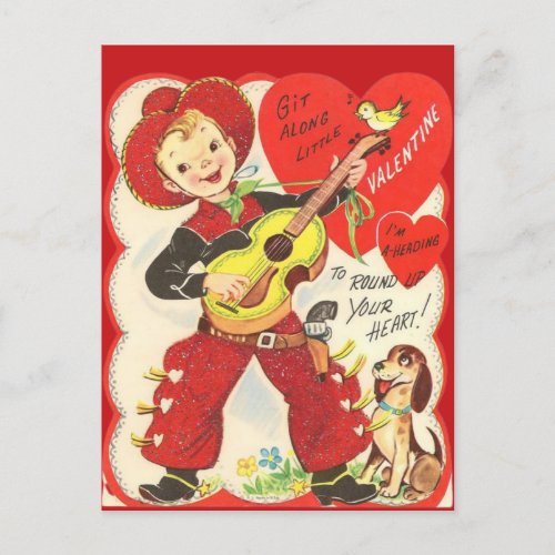 Retro Vintage Cowboy with Guitar Valentines Day Holiday Postcard