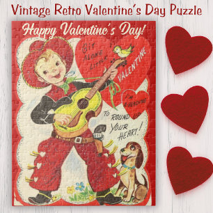 Retro Vintage Cowboy with Guitar Valentine's Day Jigsaw Puzzle