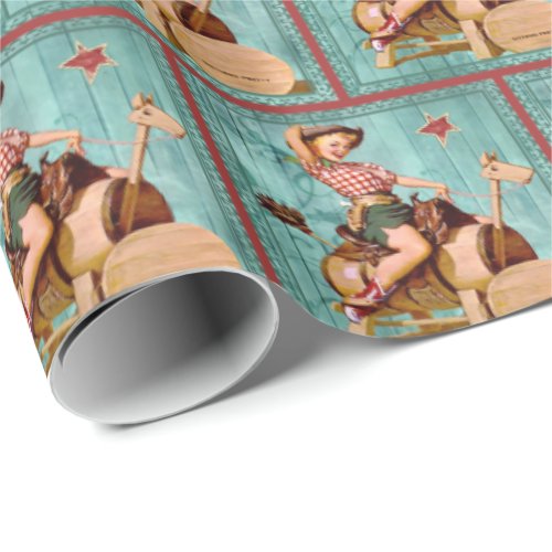 Retro Vintage Cowgirl On Wooden Horse Wrapping Paper