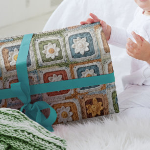 Retro Vintage Crochet Granny Squares Knitted Wrapping Paper