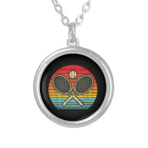 Retro Vintage Crossed Tennis Racket - Sports Lover Silver Plated Necklace