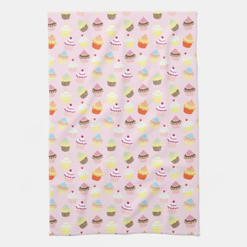 Retro Vintage Cupcakes on Pink Sweet Desserts Kitchen Towel