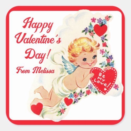 Retro Vintage Cupid Custom Happy Valentines Day Square Sticker