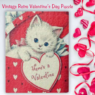 Retro Vintage Cute Kitten Valentine's Day Jigsaw Puzzle
