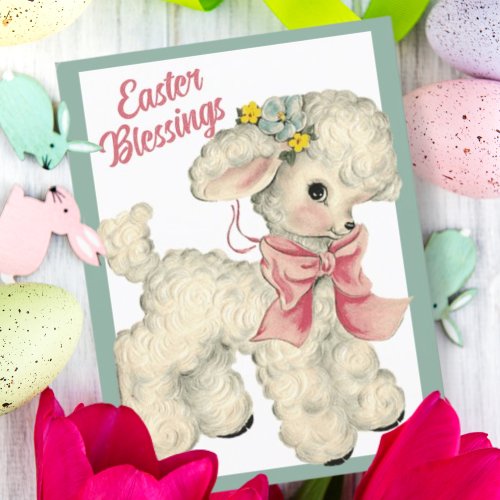Retro Vintage Cute Lamb Easter Blessings Holiday Postcard