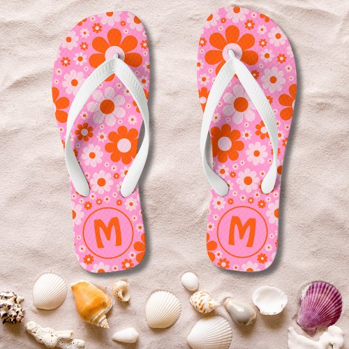 Retro Vintage Daisy Pattern Orange Pink Monogram Flip Flops