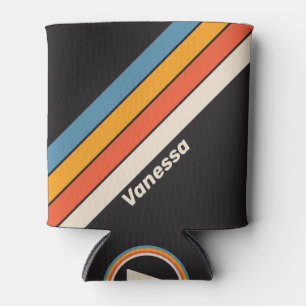 Retro Vintage Dark Rainbow Stripes with Name Can Cooler