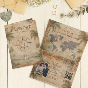 Retro Vintage Destination Wedding Passport QR Code Invitation