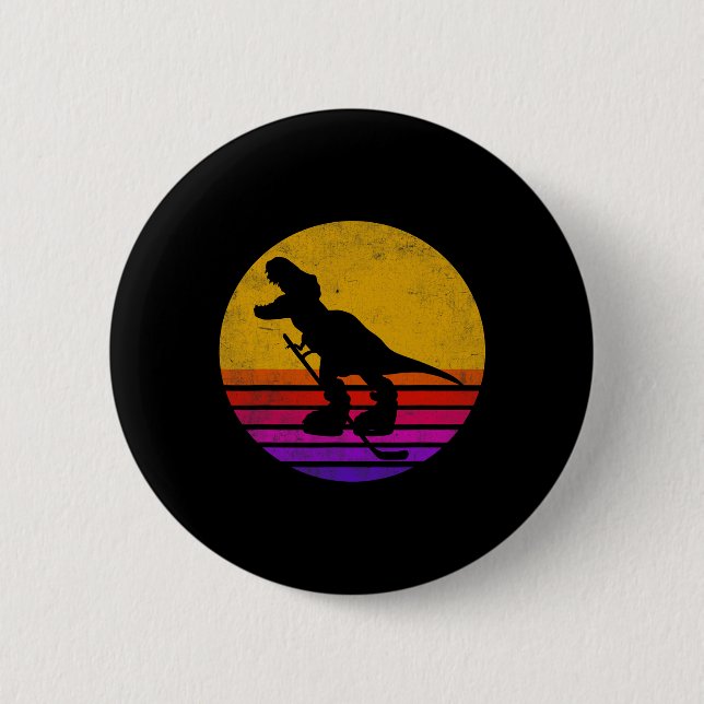 Retro Vintage Dinosaur Ice Hockey Dinosaur  Button (Front)