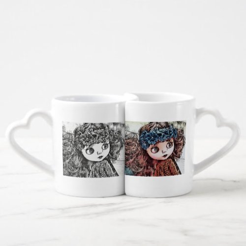 Retro vintage doll grunge art cute fun boho style coffee mug set