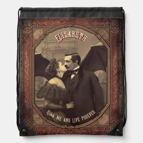 Retro Vintage Dracula Kissing a Lady Drawstring Bag