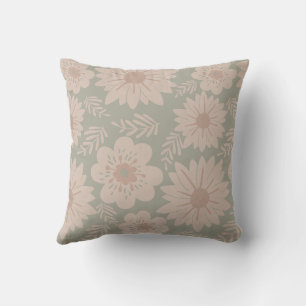 Retro Vintage Dusty Blue Pink Floral Throw Pillow