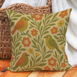 Retro Vintage Earth Tone Olive Orange Gold Birds Throw Pillow