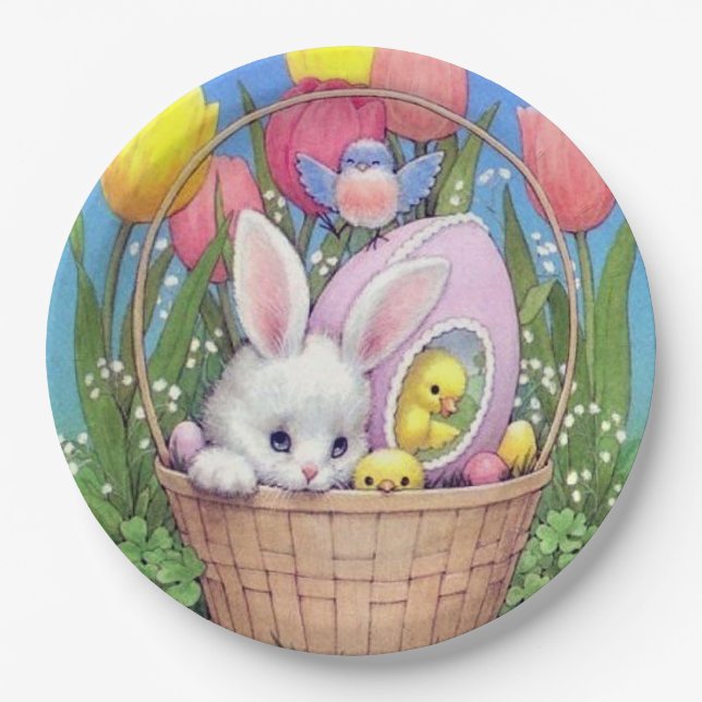 Retro vintage Easter basket party Paper Plates (Front)