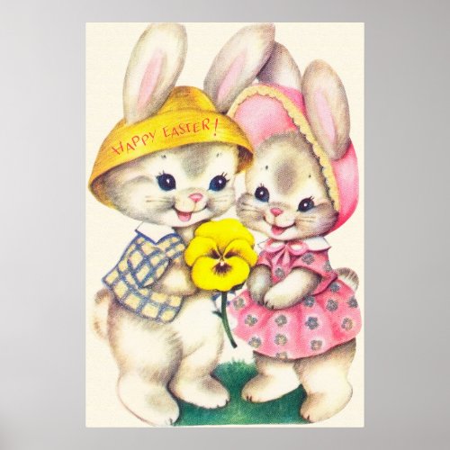 retro vintage Easter bunnies decor poster