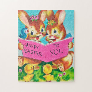retro vintage Easter bunnies Holiday Jigsaw Puzzle