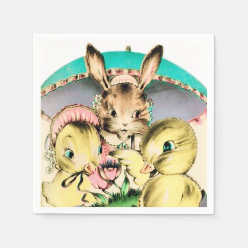 Retro Vintage Easter Bunny and chicks party napkin