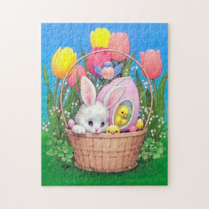 retro vintage Easter bunny basket Holiday Jigsaw Puzzle