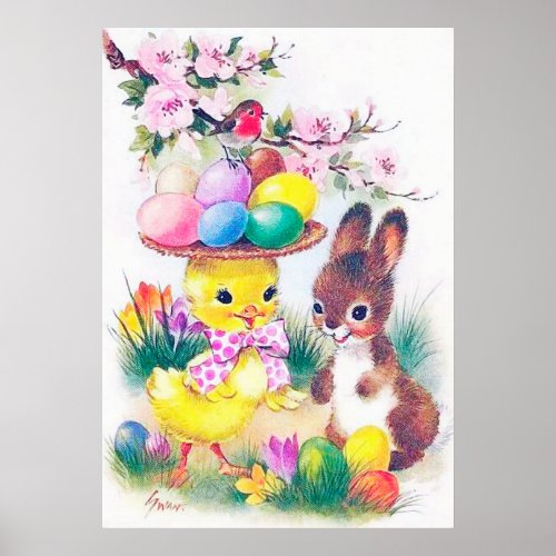 retro vintage Easter bunny chick decor poster