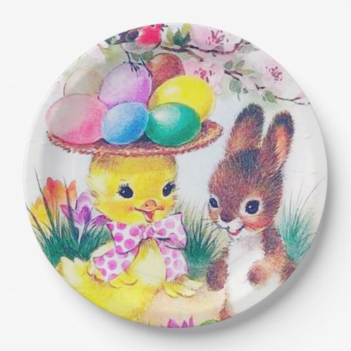 Retro vintage Easter bunny chick party paper plate