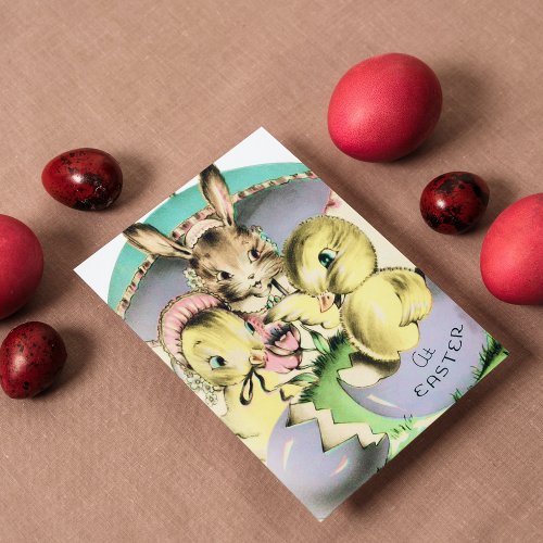 Retro vintage Easter bunny chicks Holiday postcard
