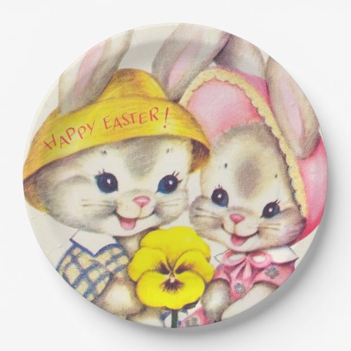 Retro vintage Easter bunny party paper plate