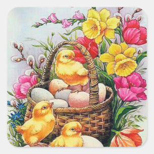 Retro vintage Easter chicks basket sticker