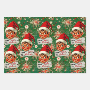 Retro Vintage Elves Personalized Wrapping Paper Sheets